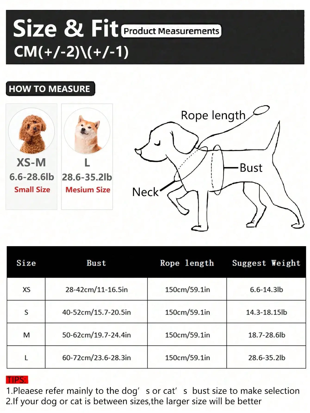 Diagram showing measurements for dog harness sizes XS-M and L, including bust size and rope length.