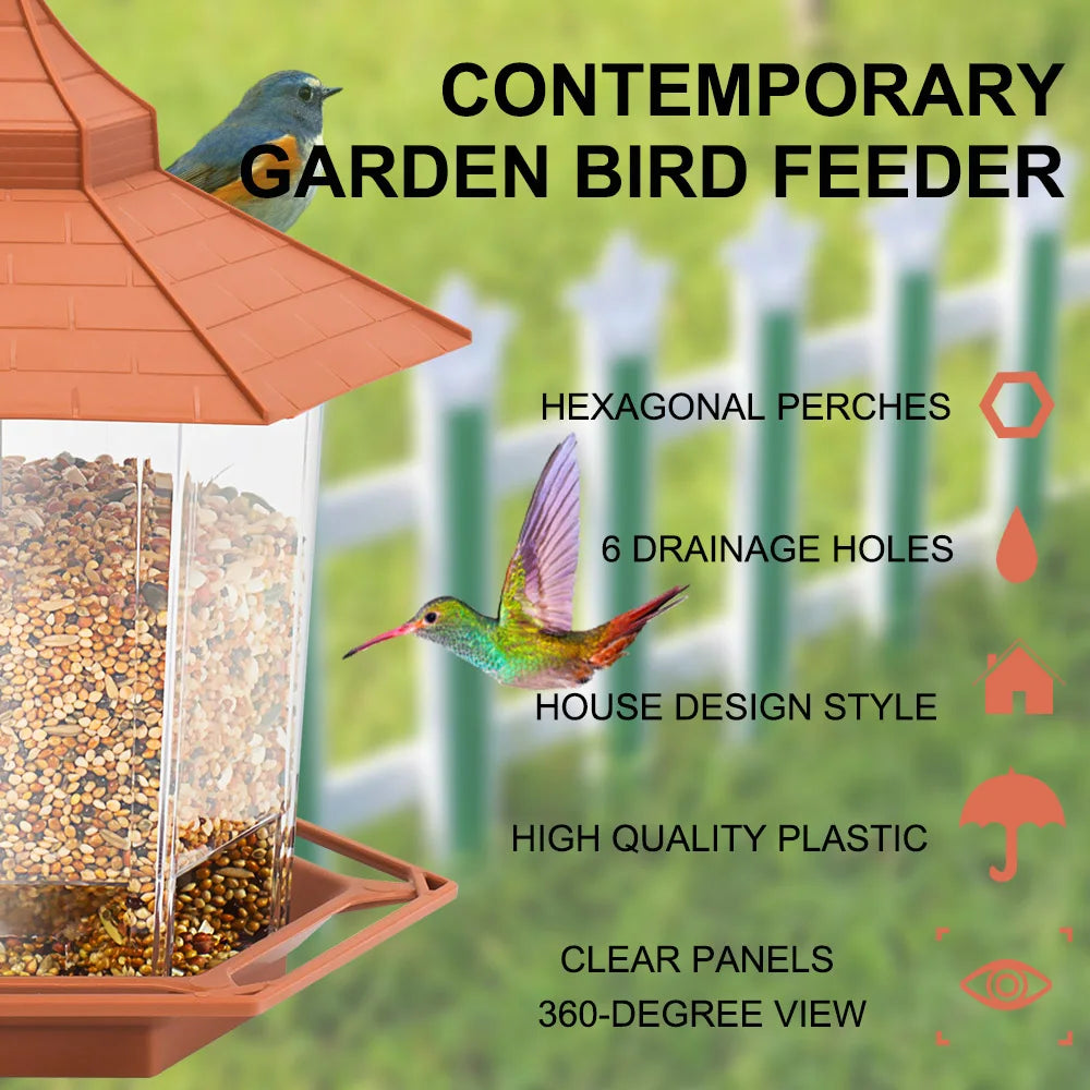 Comedero para pájaros de jardín contemporáneo con perchas hexagonales, orificios de drenaje y paneles transparentes para visi