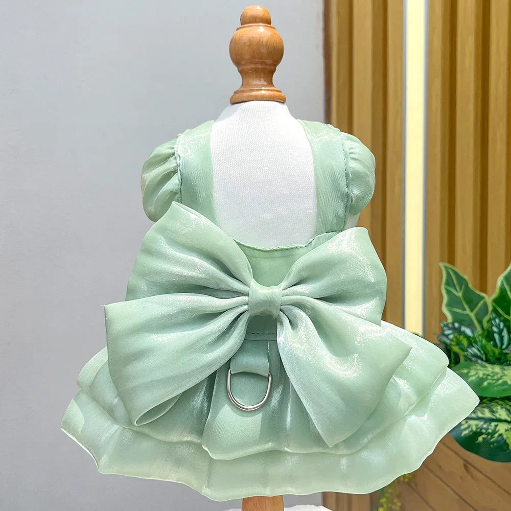 Helles minzgrünes Hundekleid für einen kleinen Hund auf einem Mannequin.