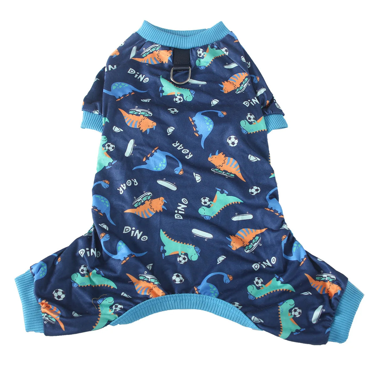 Blue dog jumpsuit onesie with an animal print featuring various colorful animals and soccer balls