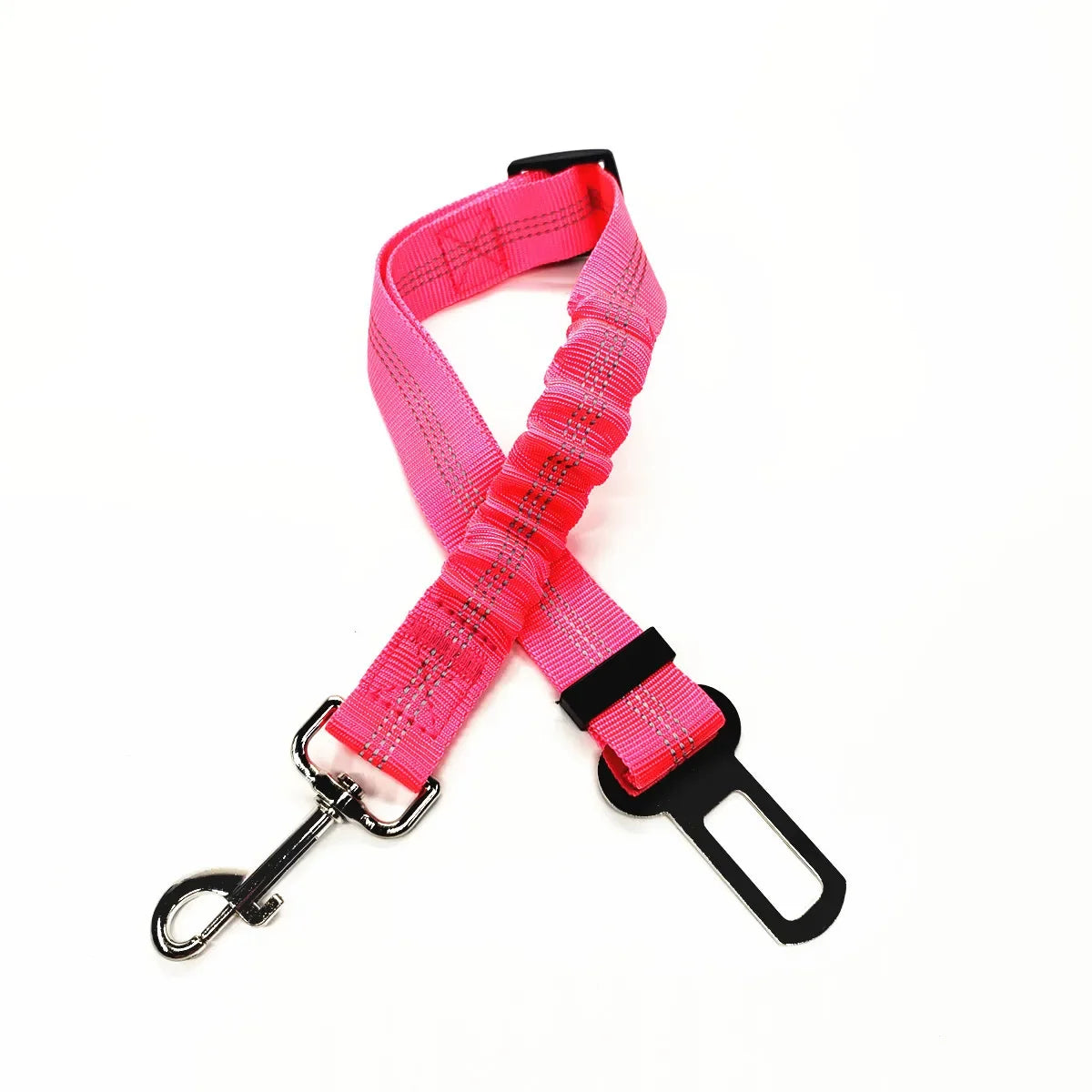 Pink reflective dog car seat belt leash with shock-absorbing bungee and metal clip.
