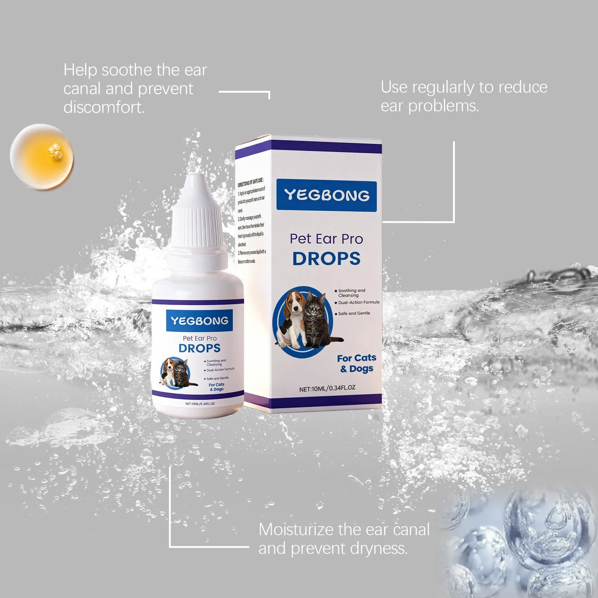 Yegbong Pet Ear Drops bottle and box shown with surrounding water droplets for ear care.