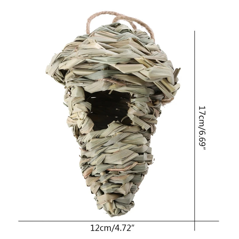 A natural grass hanging bird nest with a conical shape and woven texture.