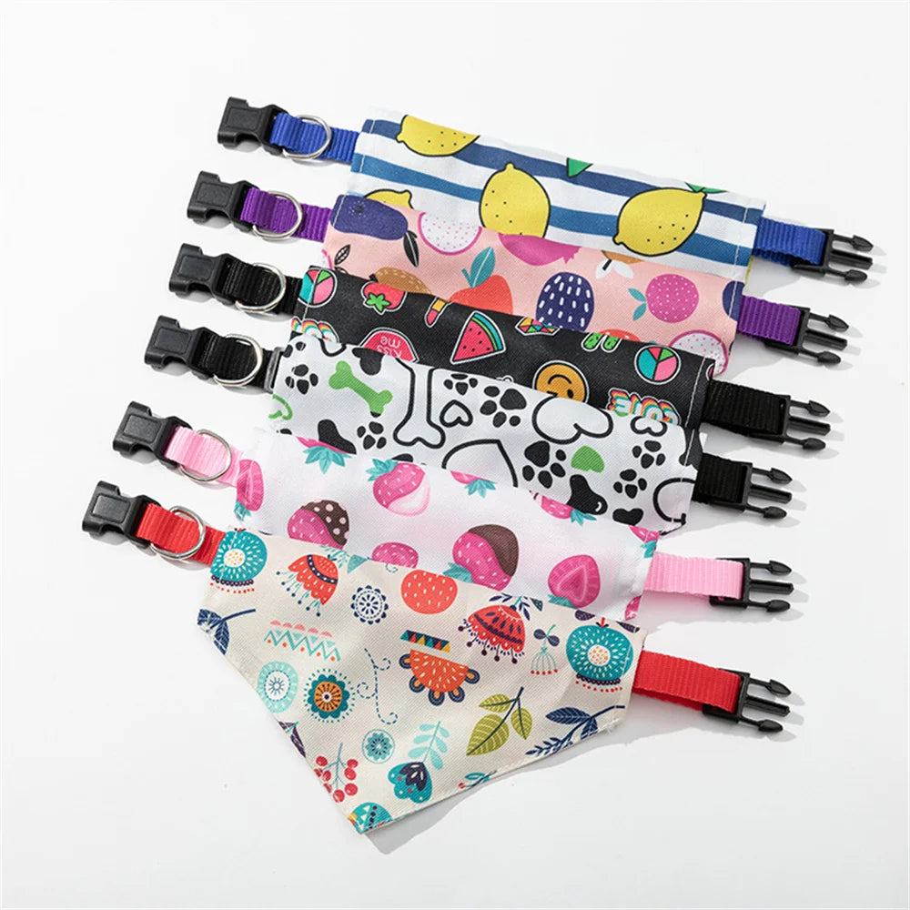 A collection of colorful sweet print triangle collar bandanas for small dogs and cats.
