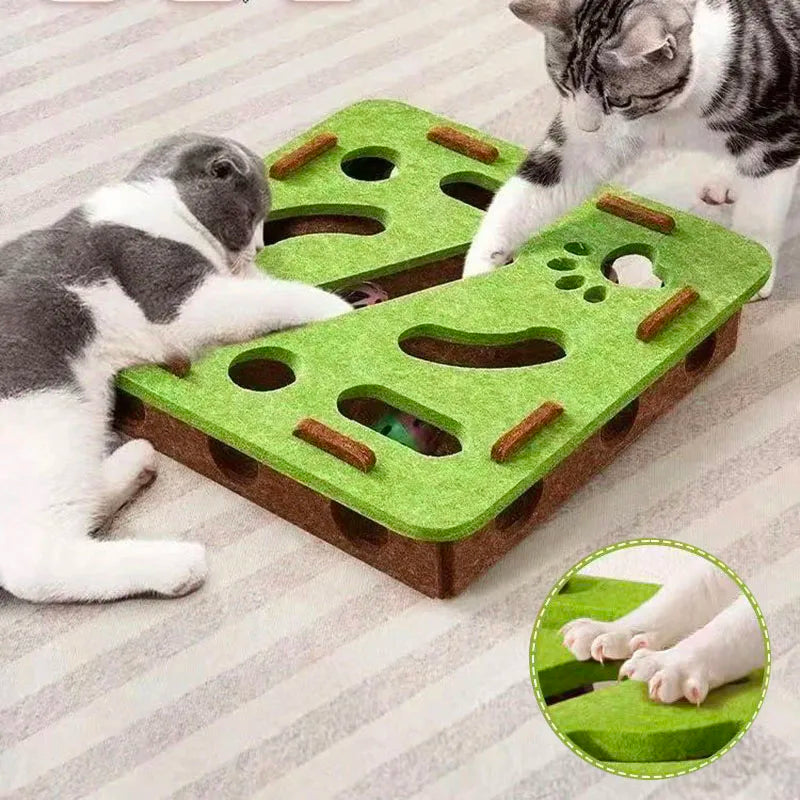 Un chat interagit avec un labyrinthe de puzzle en feutre vert conçu pour le jeu.