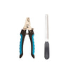 A pair of stainless steel pet nail clippers, featuring black and blue handles and a silver blade.