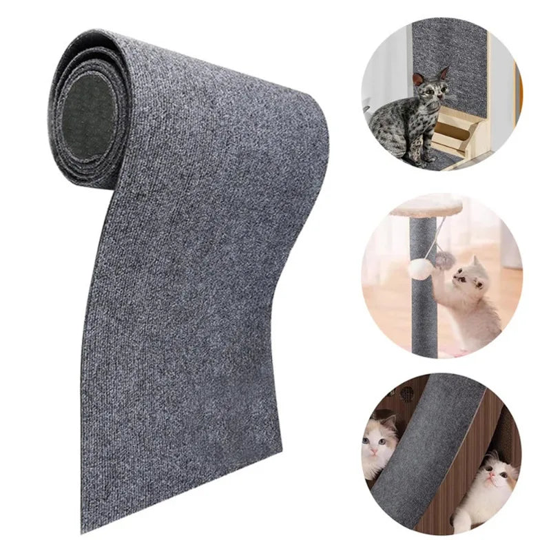 Gray self-adhesive anti-scratch mat for cat furniture and sofa protection shown in various applications.