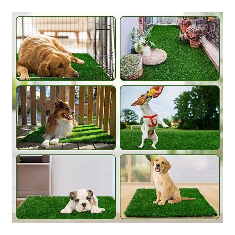 Un ensemble de tapis de propreté pour chiens en gazon artificiel réutilisables, avec diverses races de chiens et décors extér