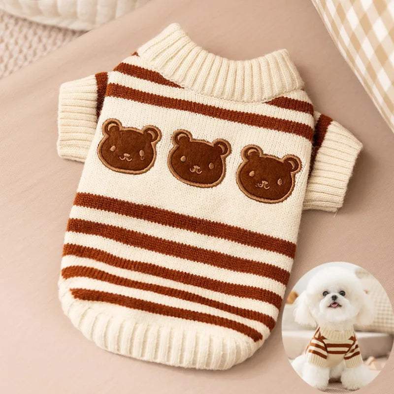 A beige and brown striped knit cardigan sweater for small dogs and cats