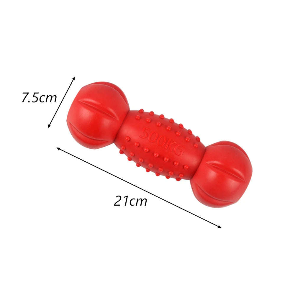 A red, elongated dog chew toy with a textured middle section and rounded ends, shown against a white background.