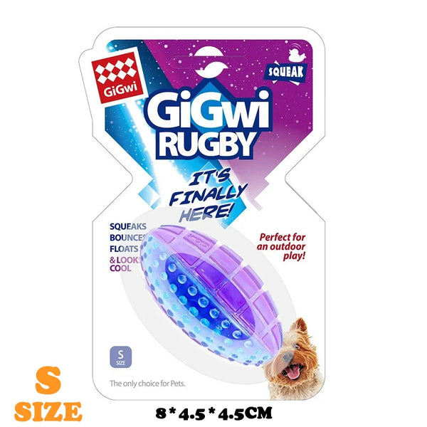A purple squeaky dog ball product packaging featuring the Gigwi Rugby brand and size information.