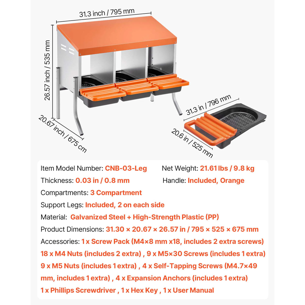 A galvanized steel chicken nesting box with an egg collection tray and various hardware included