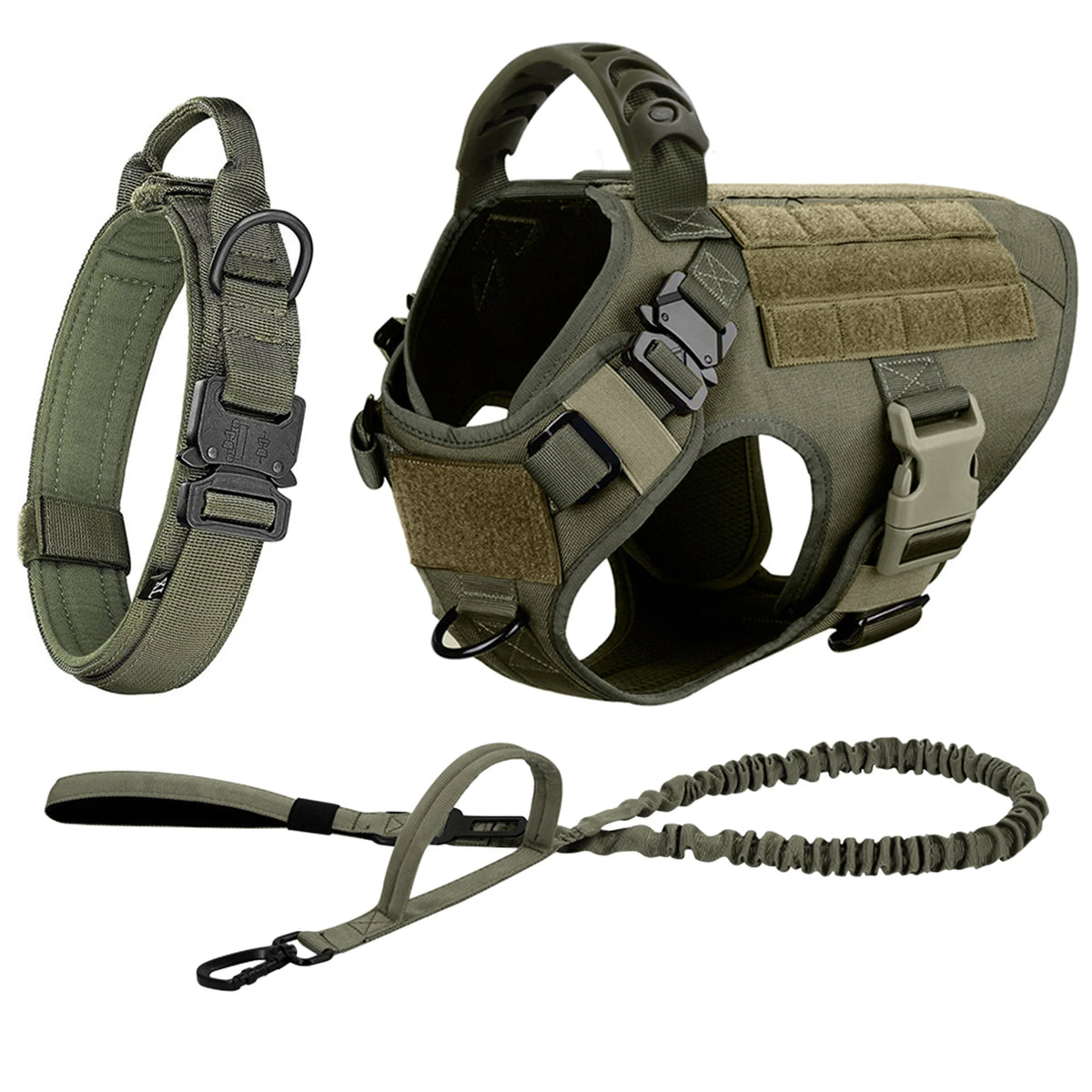 A tan dog harness and leash set with various straps and buckles shown separately.