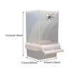 Clear anti-spill automatic bird feeder with a perch, shown from the side.