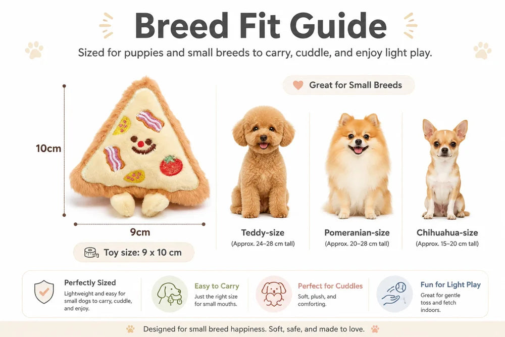 A guide showing various sized plush food-shaped dog toys for puppies and small breeds.