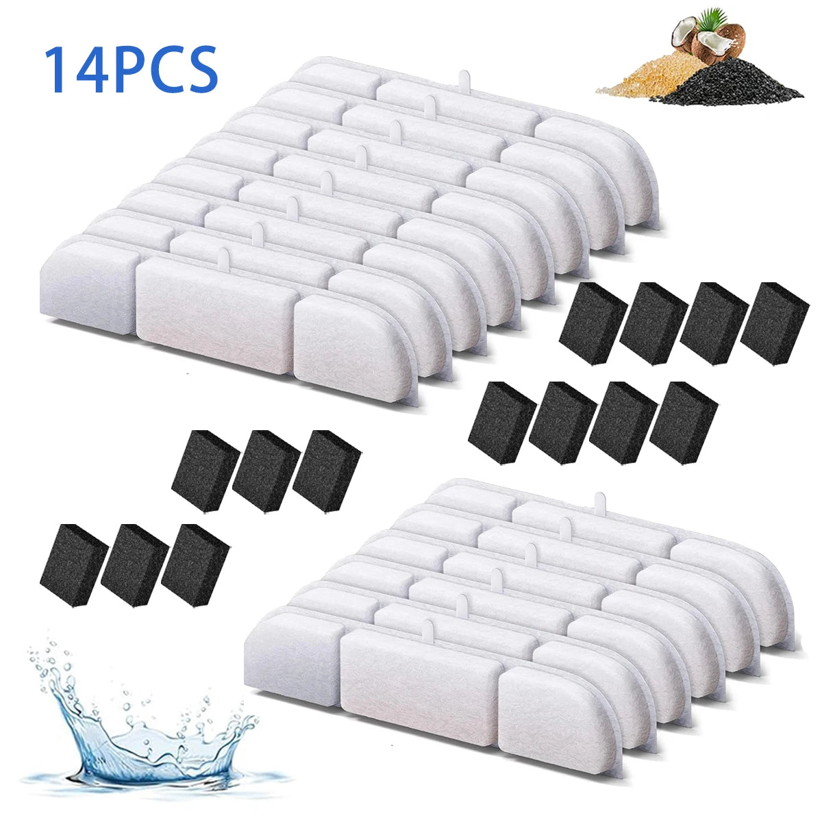 A set of 14 replacement activated carbon filters for pet water fountains shown in various arrangements.