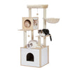 A wooden cat tower featuring a litter box enclosure, scratching posts, and various resting platforms for a cat.