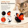 A fluffy black butterfly toy with vivid orange patterned wings is shown near a cat.