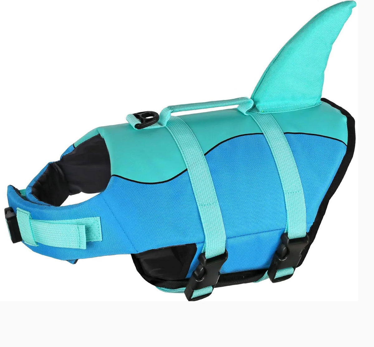 A bright turquoise dog life jacket with a fin, featuring blue and black accents.