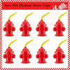 Eight red fire hydrant straw cups with yellow straws and lids for parties