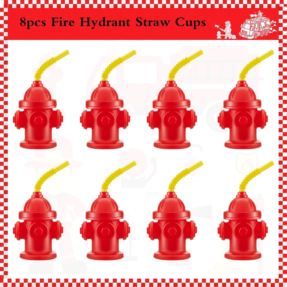 Eight red fire hydrant straw cups with yellow straws and lids for parties
