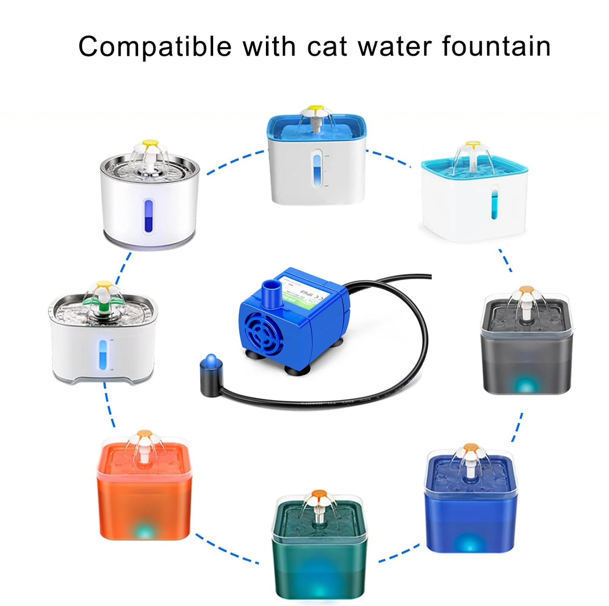 Divers composants et configurations d'un système de fontaine à eau pour chat, incluant pompes et contenants.