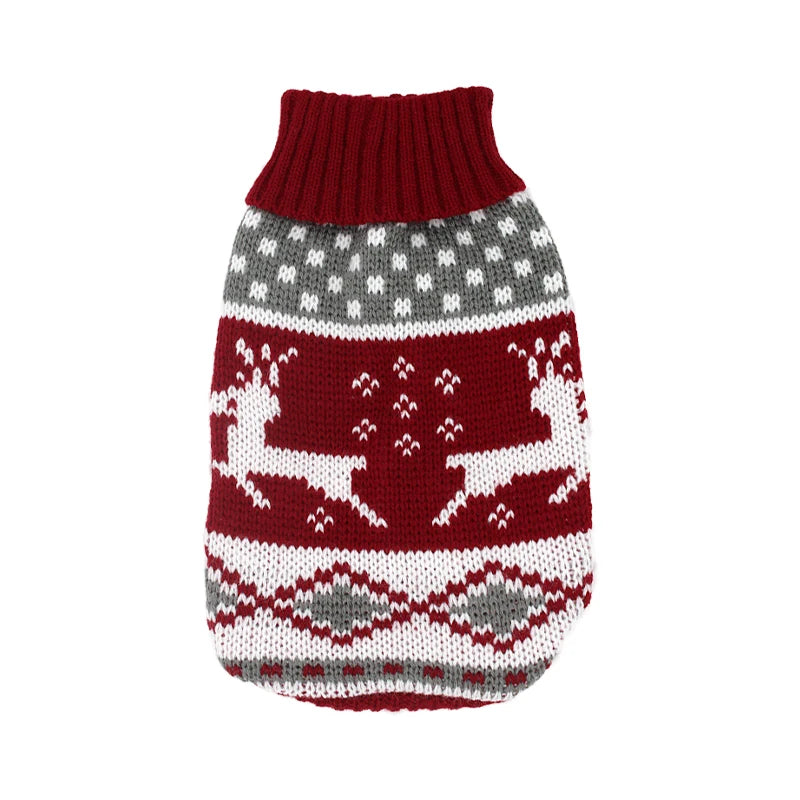 Suéter de mascota tejido acogedor con patrón Fair Isle rojo y gris, con motivos geométricos y animales.