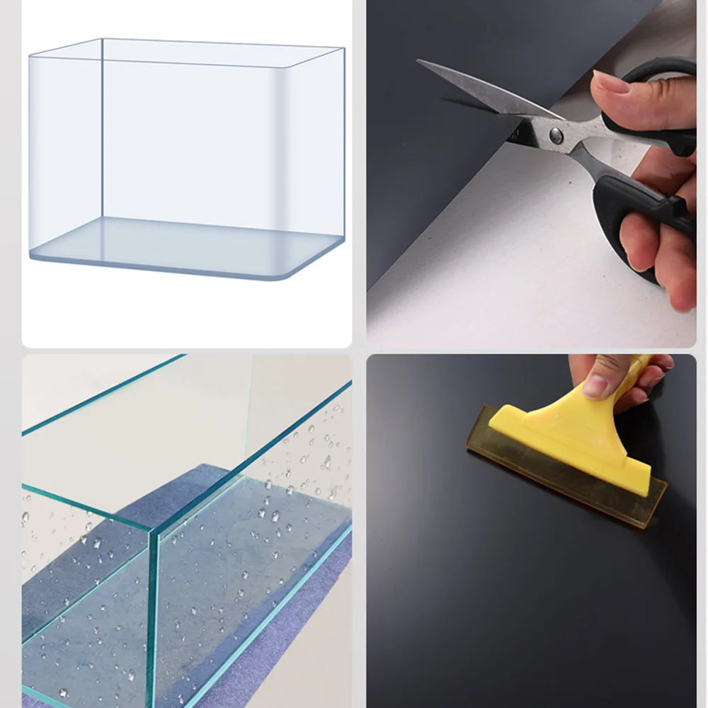 A clear acrylic box is shown next to a pair of scissors and a yellow tool used for cutting or shaping film.