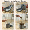 Four steps showing the installation of an automatic pet feeder waterer for dogs and cats into a wire cage.