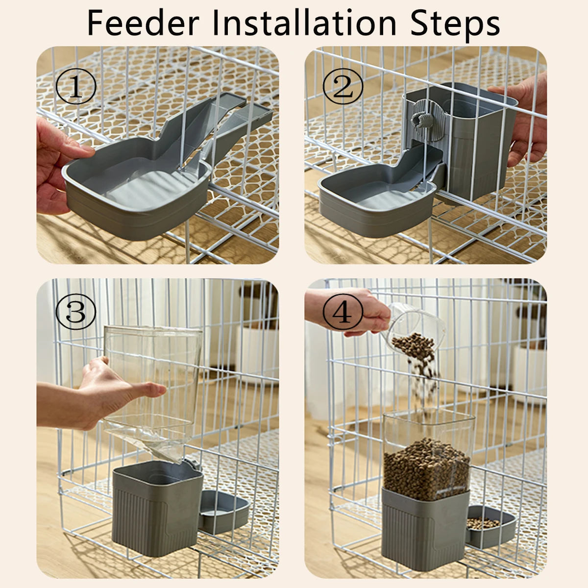 Four steps showing the installation of an automatic pet feeder waterer for dogs and cats into a wire cage.