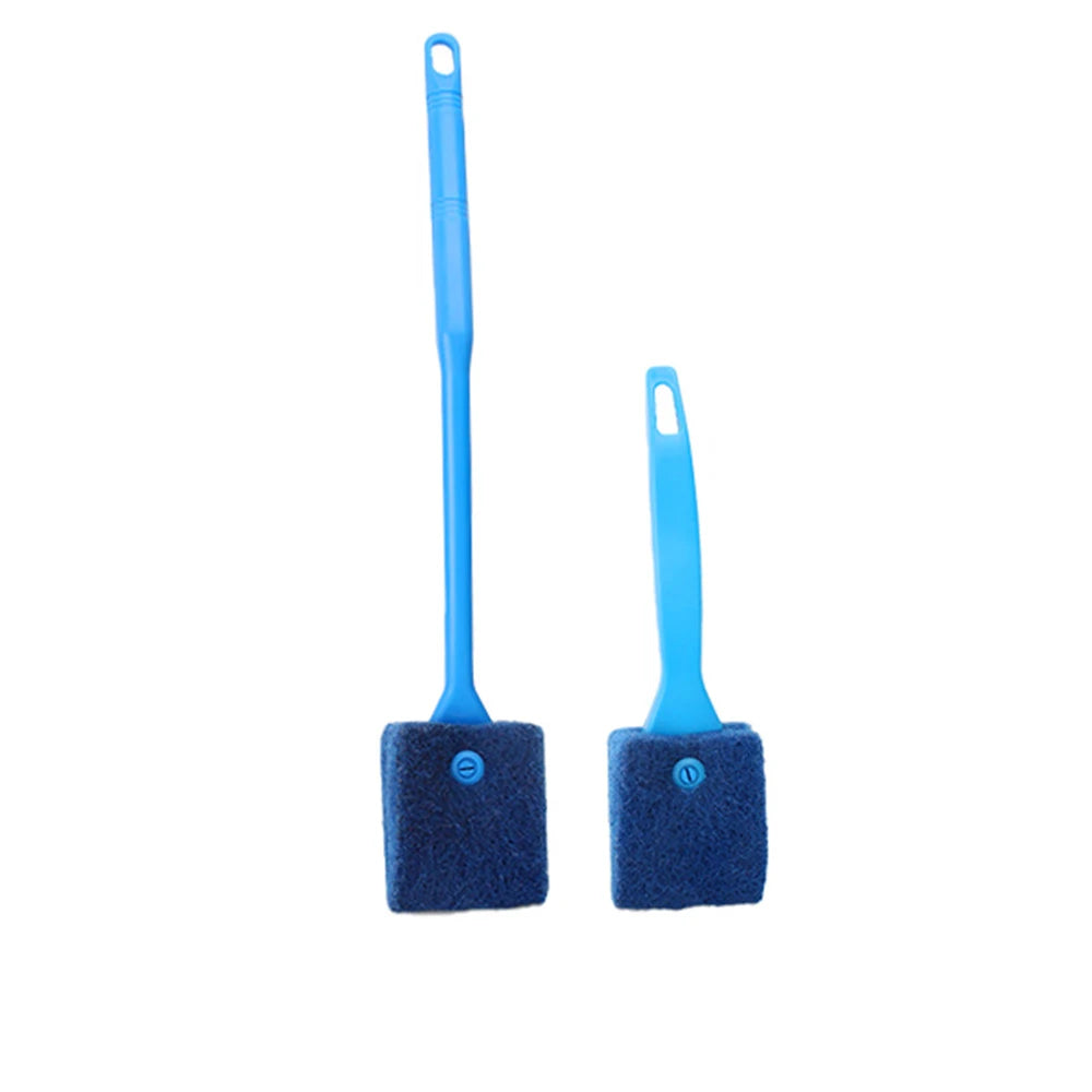 A pair of blue dual-sided aquarium cleaning brushes with long handles and sponge heads.