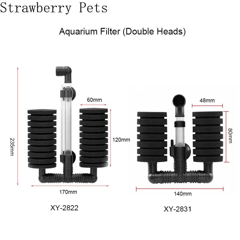 Two models of an Aquarium Filter with double heads, labeled XY-2822 and XY-2831.