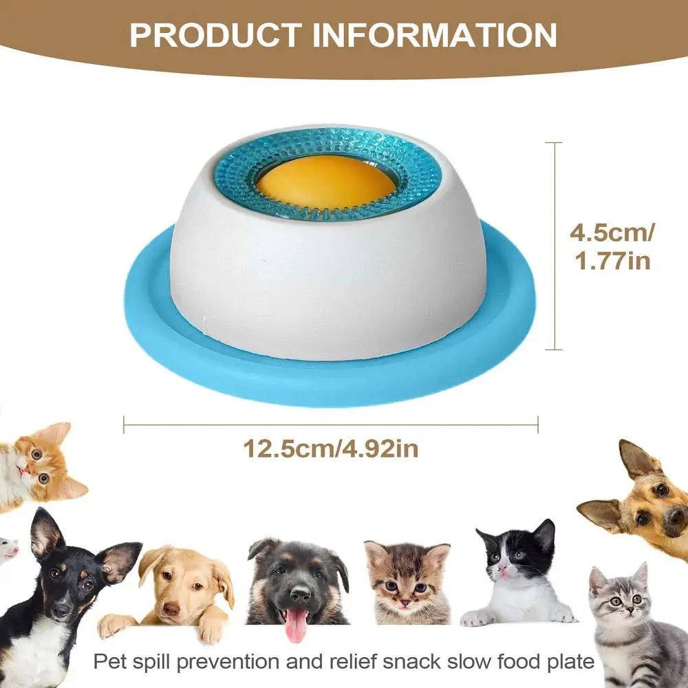 A white and blue pet food plate designed for spill prevention and relief, shown with various dogs and cats.