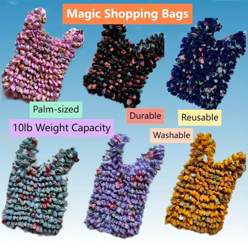 A collection of floral fold-over shopping bags in various colors including pink, black, blue, purple, and yellow.