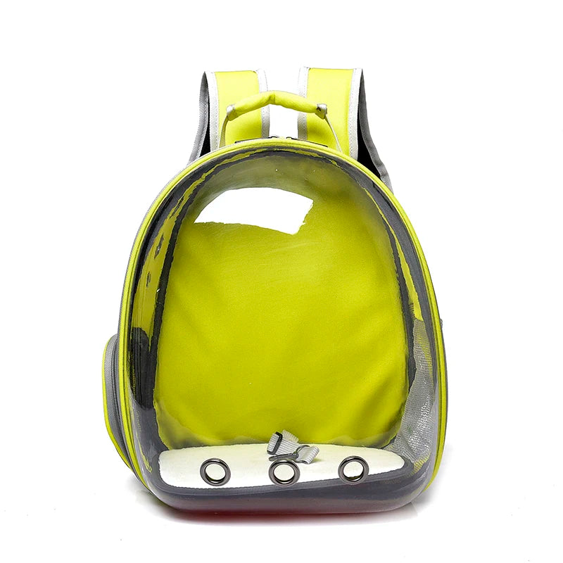 A bright lime green portable transparent pet backpack for dogs and cats.