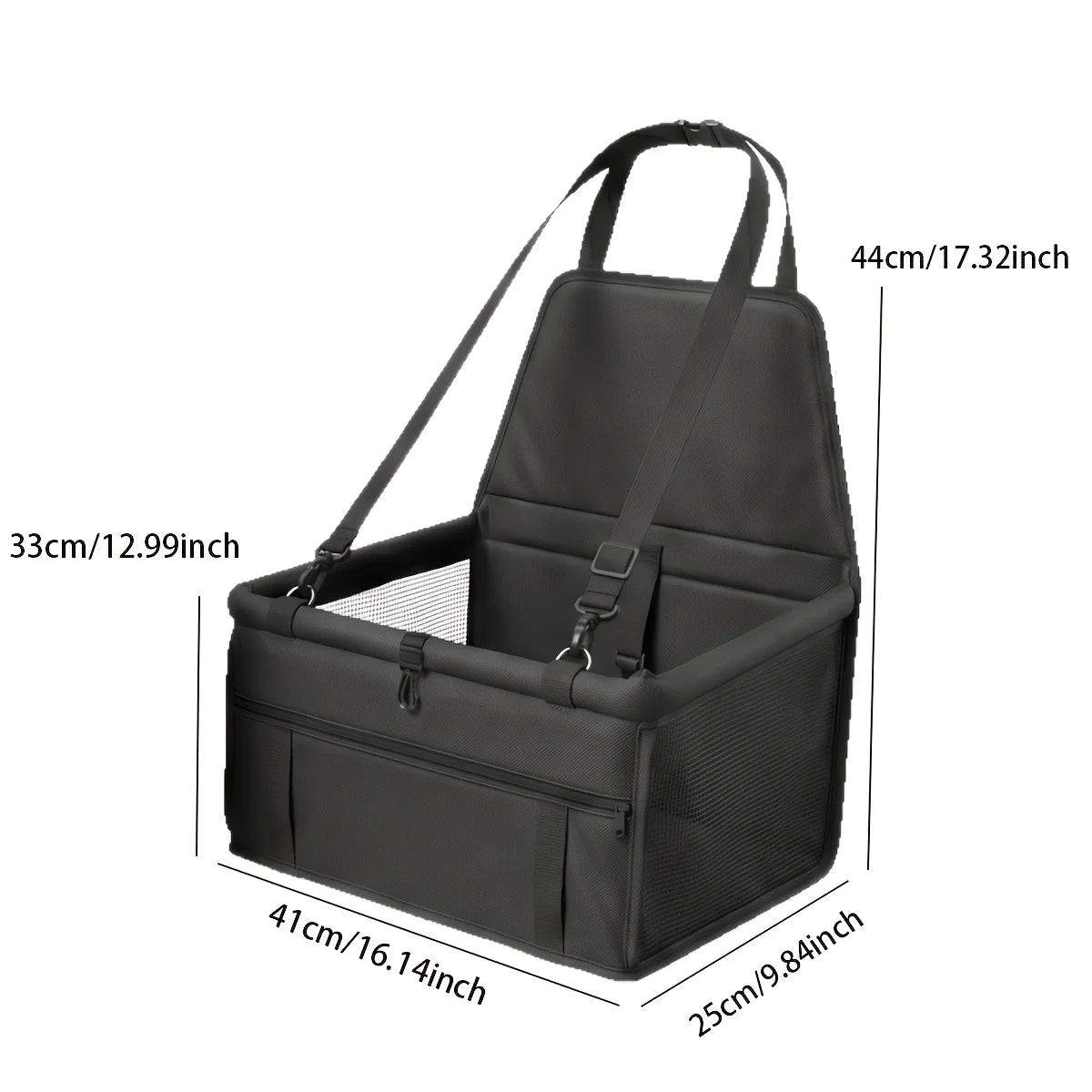 Black portable dog car seat travel carrier with adjustable safety straps shown from the side.