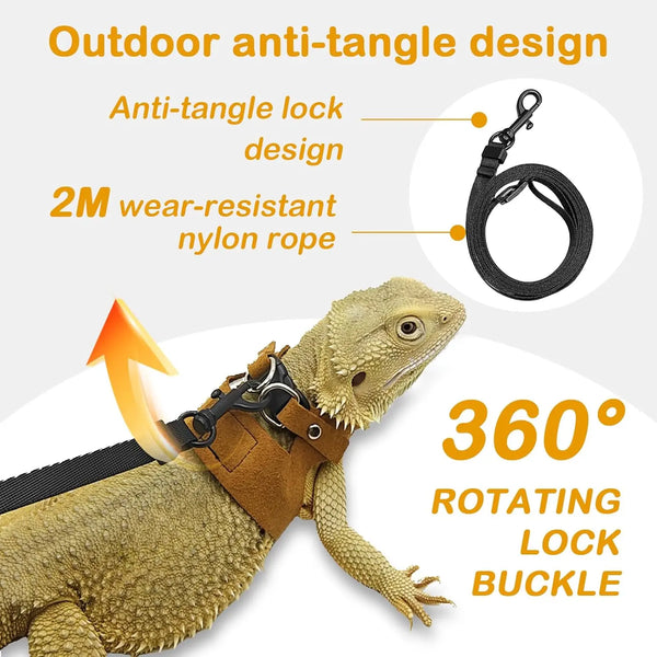 A bearded dragon wearing an outdoor anti-tangle nylon rope harness with a rotating lock buckle.