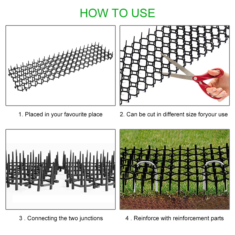 Instructions showing how to use pet deterrent prickle strips for garden and home, including placement, cutting, connecting ju
