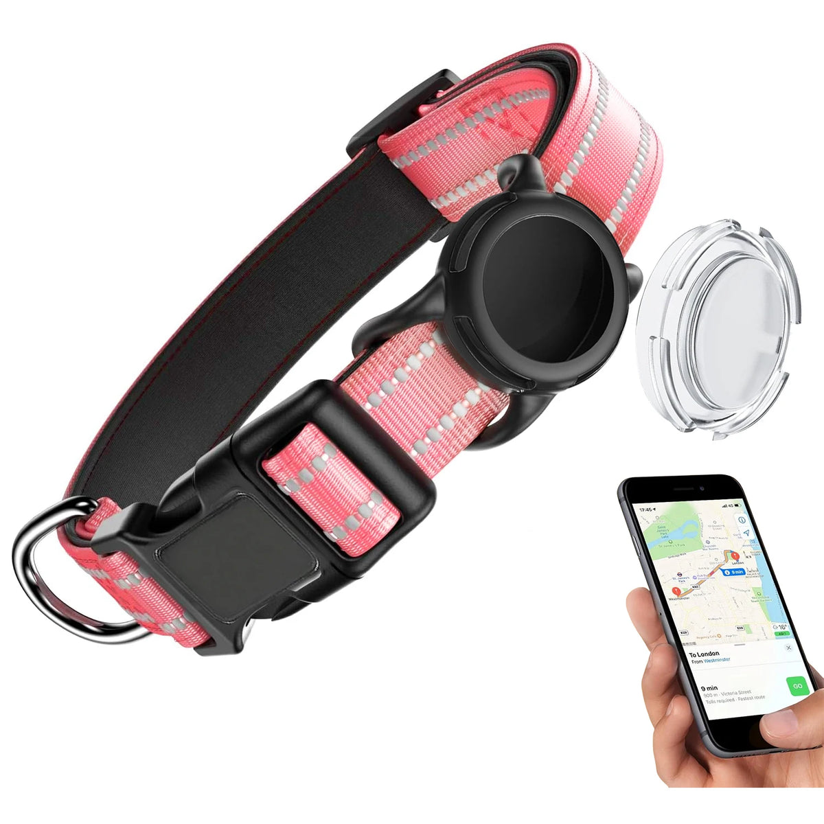 A pink and black waterproof dog collar with reflective strips and a safety buckle shown next to a smartphone displaying a map