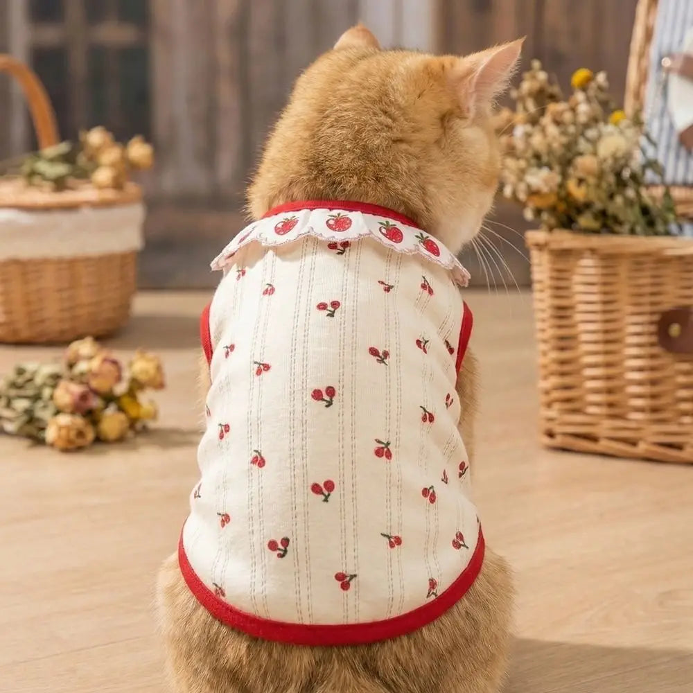 Ruffled Collar Cat Strawberry Vest with Cherry Pattern