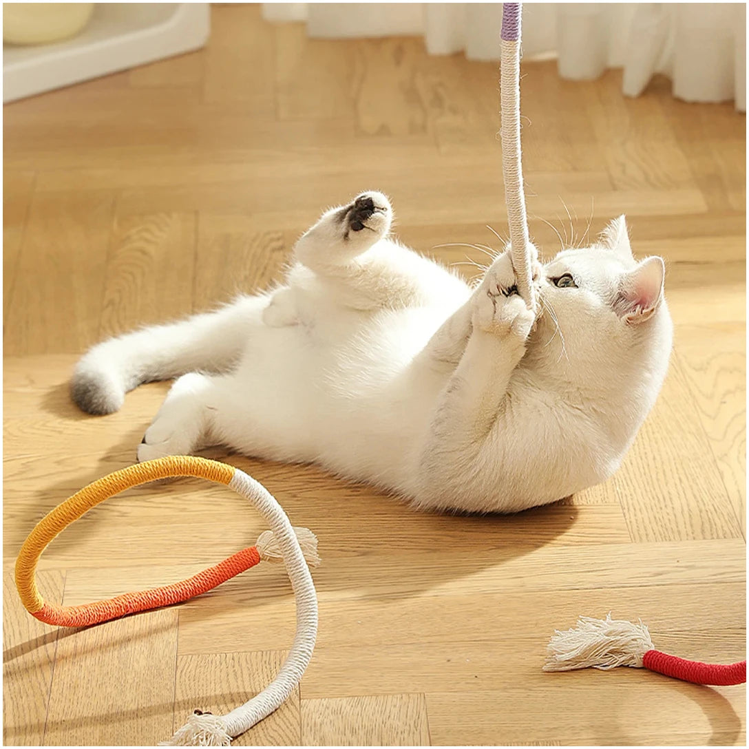 A white cat is playing with an orange and white cotton rope toy on a wooden floor.