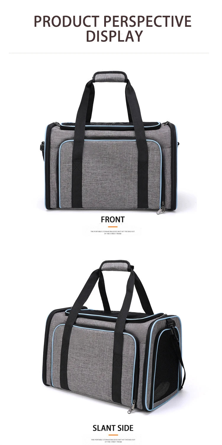Front and slant side views of a gray foldable soft-sided pet carrier bag with black straps