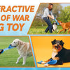 A dog is playing with an interactive tug of war toy with a person in a grassy outdoor setting.