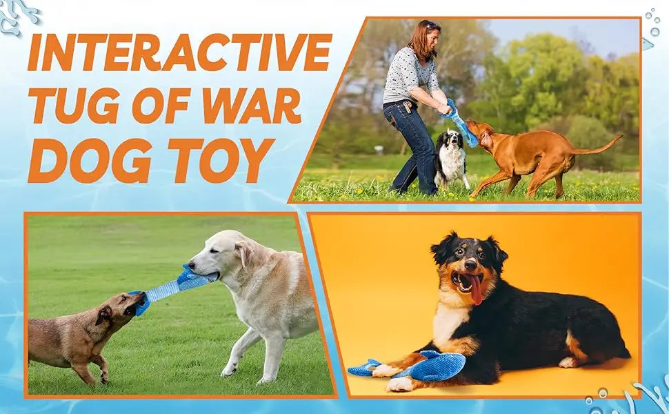 A dog is playing with an interactive tug of war toy with a person in a grassy outdoor setting.