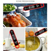 A digital meat thermometer is shown measuring the internal temperature of a roasted chicken in a white dish.