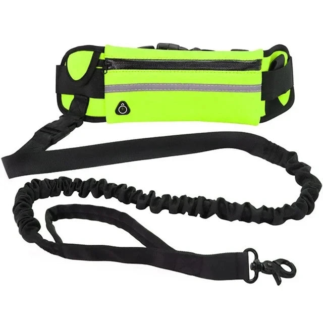 A bright neon yellow dog waist leash featuring a black bag and reflective trim.