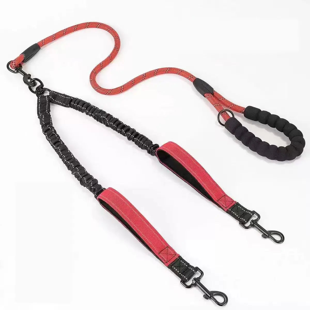 A reflective dual dog leash featuring two traffic handles in black and orange.