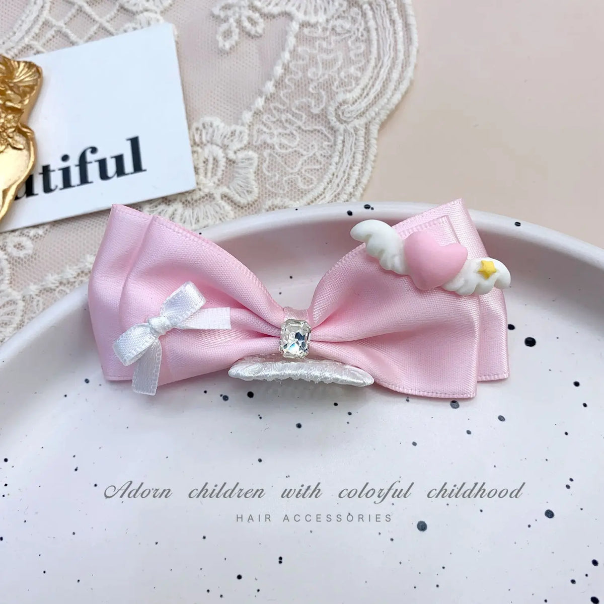 Pink Bow Pet Hair Clip with Rhinestone & Pearl Accents