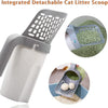 A gray cat litter scoop with an integrated container and a mesh design is shown alongside loose cat litter.