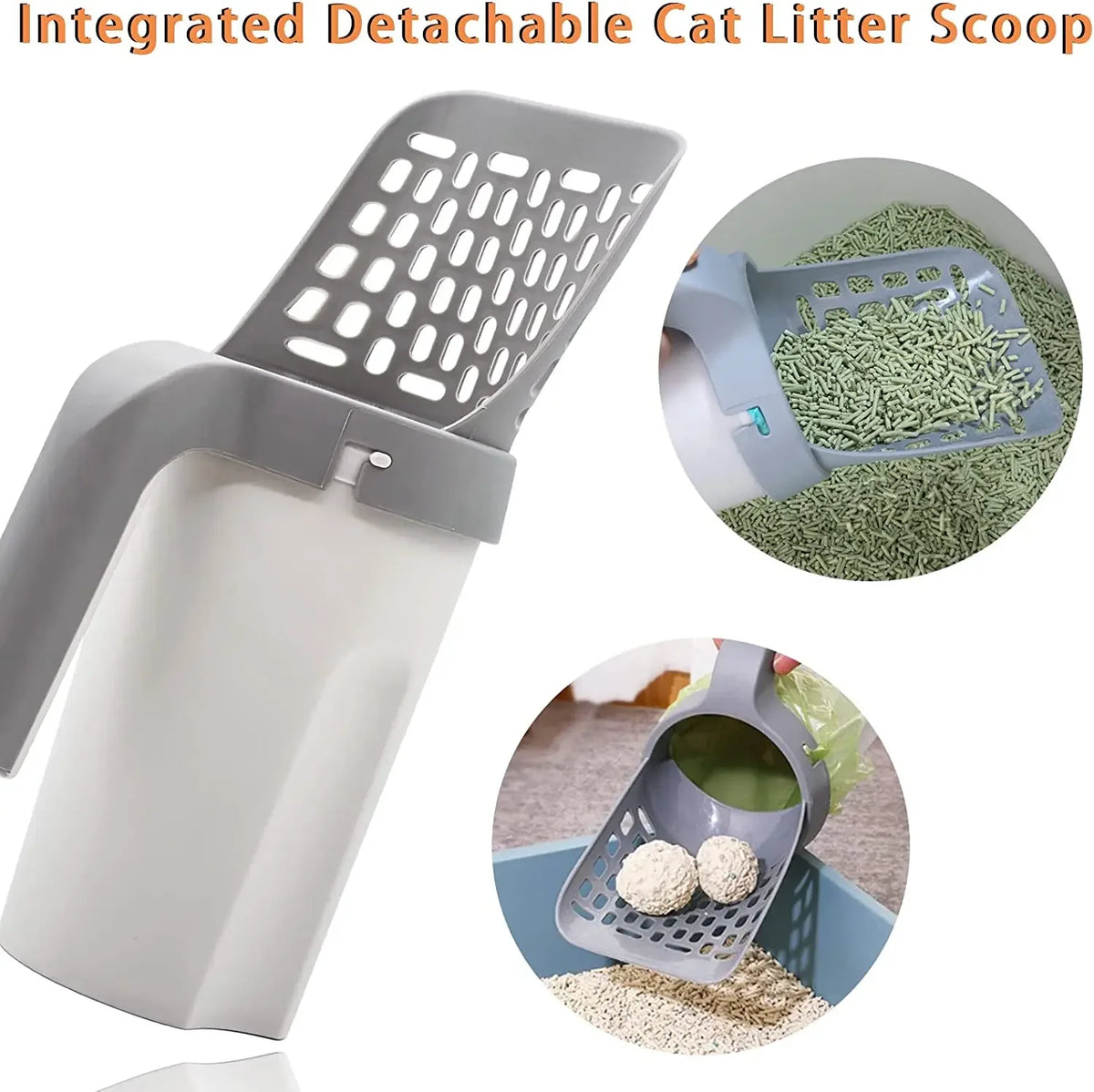 A gray cat litter scoop with an integrated container and a mesh design is shown alongside loose cat litter.